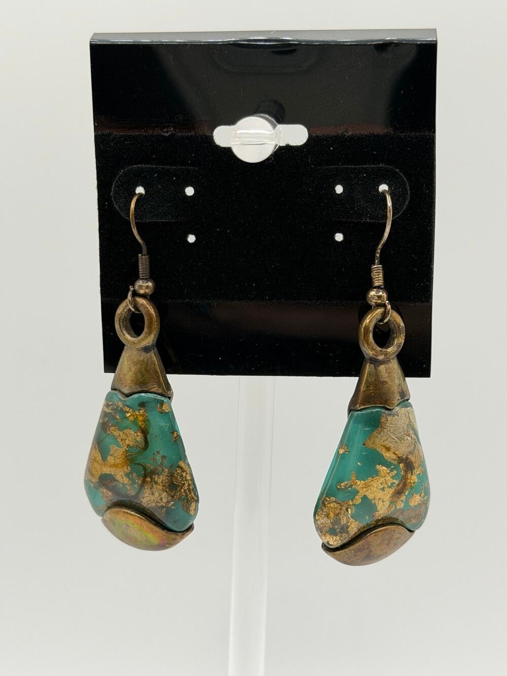 Artisan Aqua Foil Glass Teardrop Dangle Earrings Bronze Tone Boho
